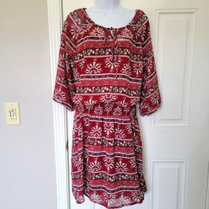 Calvin Klein Boho Red Print 3/4 Sleeve Gathered Waist Sheer Lined Dress Size M